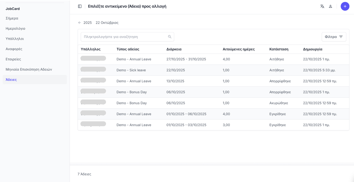 Πίνακας με πλήρες ιστορικό αδειών